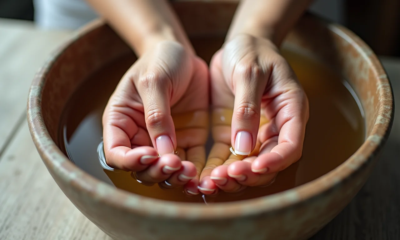 Unhas fortes e saudáveis de molho em vinagre de maçã.