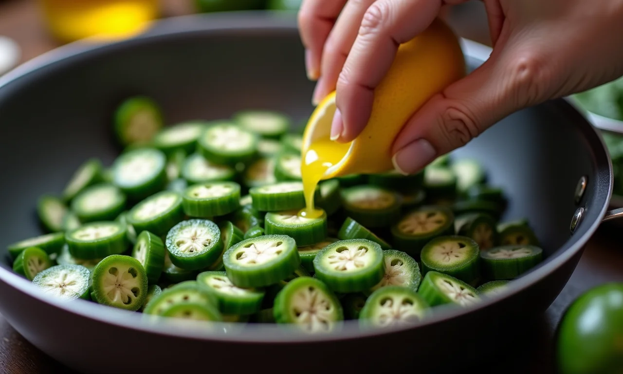 Usando limão para reduzir a baba do quiabo-roxo.