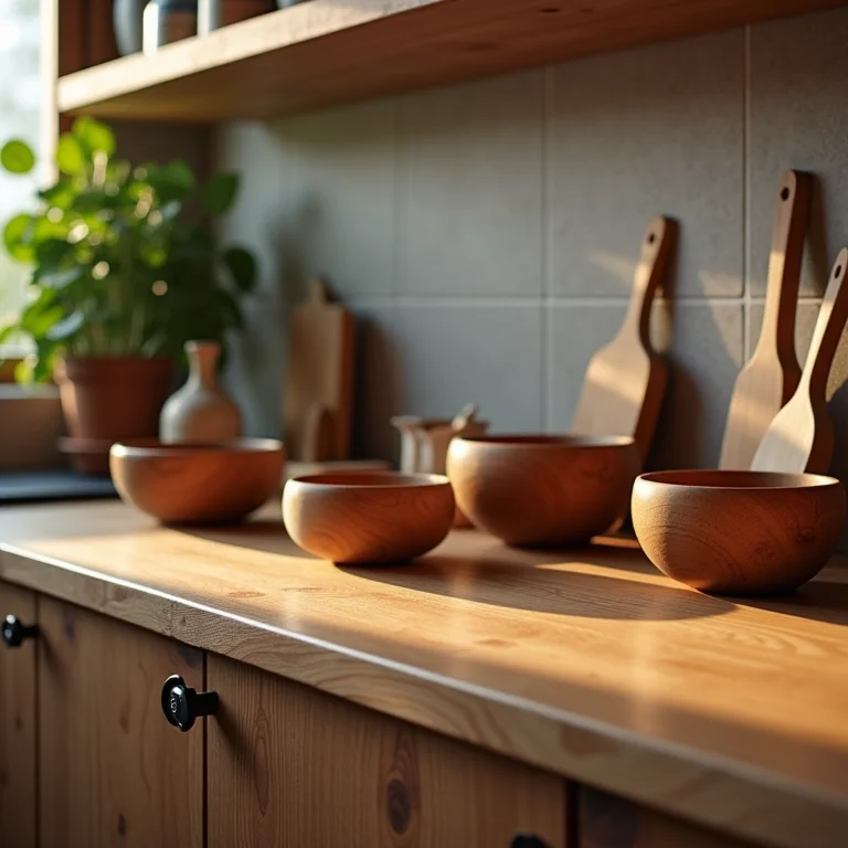 Utensílios e acessórios decorando bancada de madeira