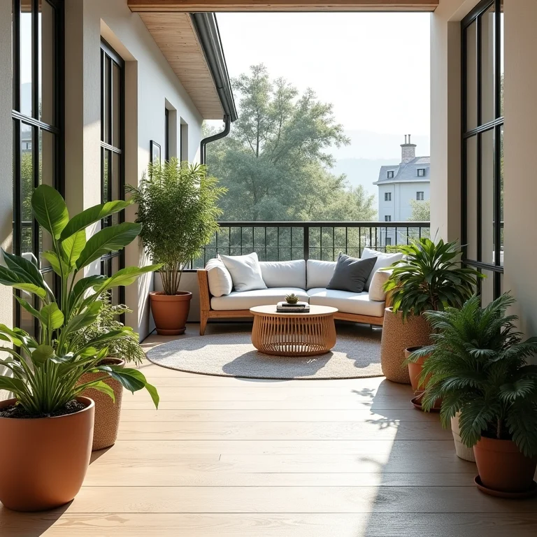 Varanda charmosa com assoalho naval e plantas