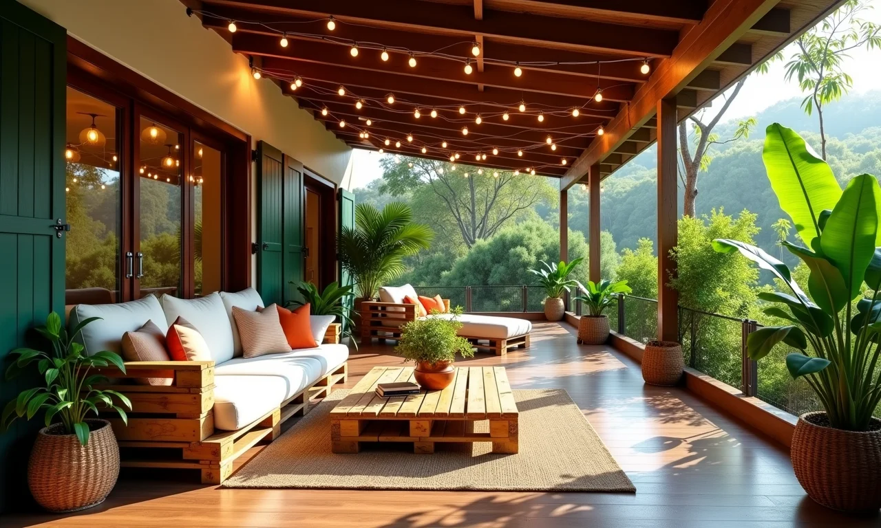 Varanda charmosa com sofá de palete e decoração brasileira, mostrando os benefícios da escolha.