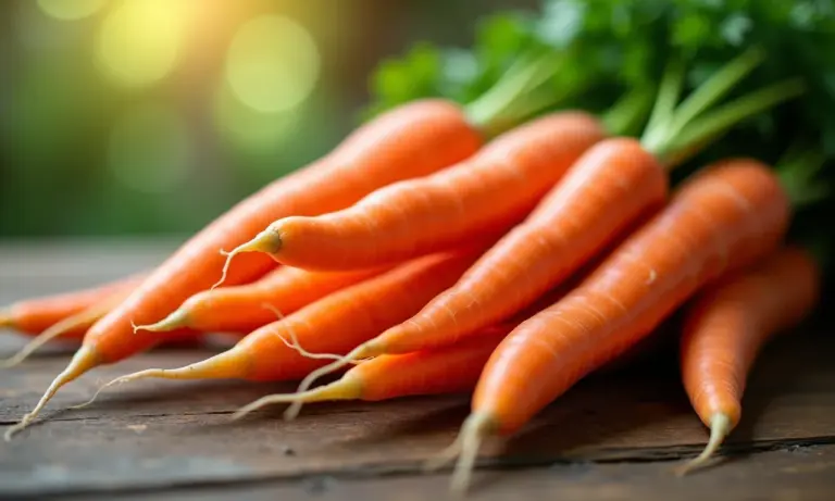 Variedade colorida de cenouras frescas em mesa de madeira rústica.
