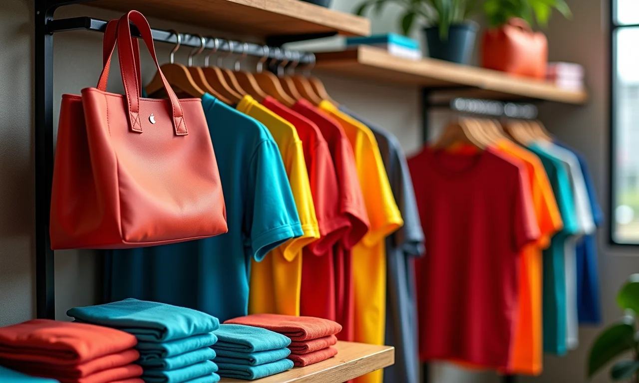 Variedade de camisetas e bolsas de tecidos sintéticos coloridos.