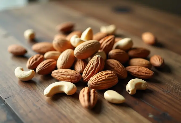 Variedade de castanhas dispostas artisticamente sobre superfície de madeira.
