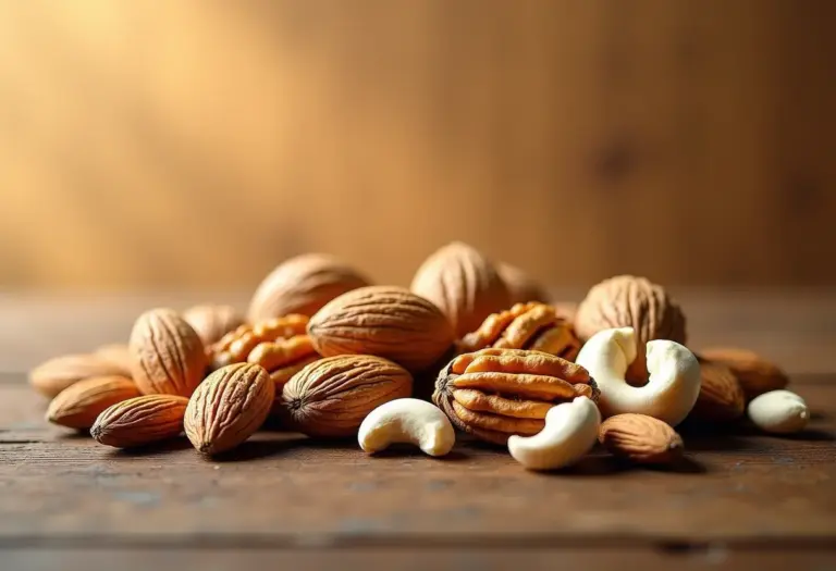 Variedade de castanhas e nozes dispostas sobre superfície de madeira