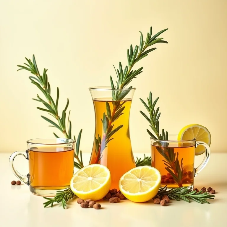 Variedade de chás de alecrim com ingredientes diversos.