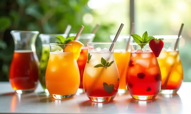 Variedade de chás gelados caseiros em jarras de vidro sobre mesa colorida.