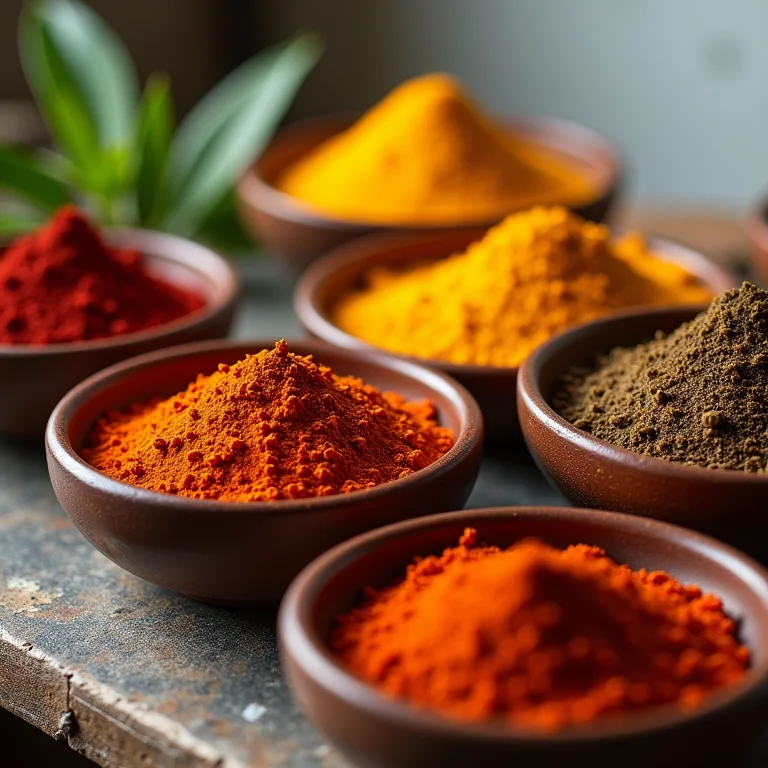 Variedade de especiarias coloridas em tigelas de cerâmica.