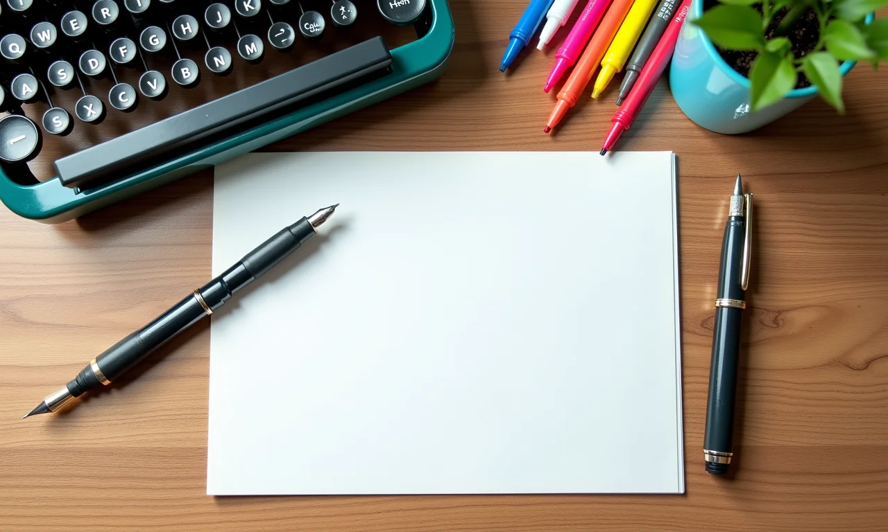 Variedade de ferramentas de escrita em mesa de madeira: caneta tinteiro, máquina de escrever.