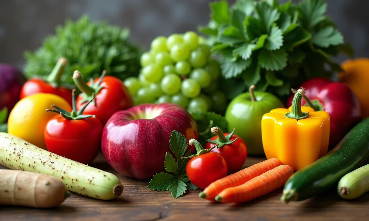 Variedade de frutas e vegetais orgânicos dispostos em uma mesa de madeira.