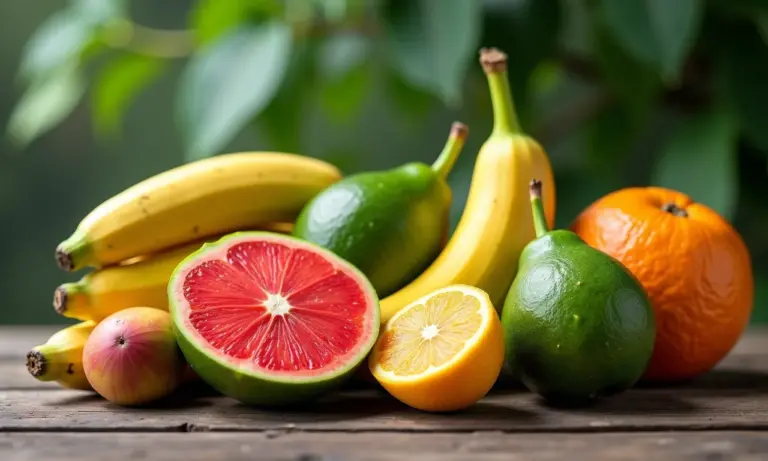 Variedade de frutas exóticas brasileiras em uma mesa de madeira.