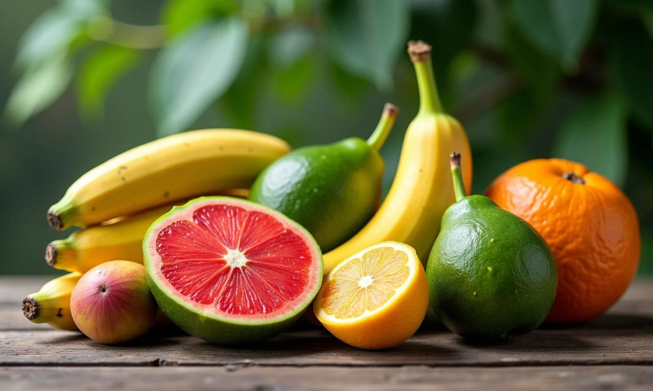 Frutas exóticas brasileiras que você precisa provar Variedade de frutas exóticas brasileiras em uma mesa de madeira.