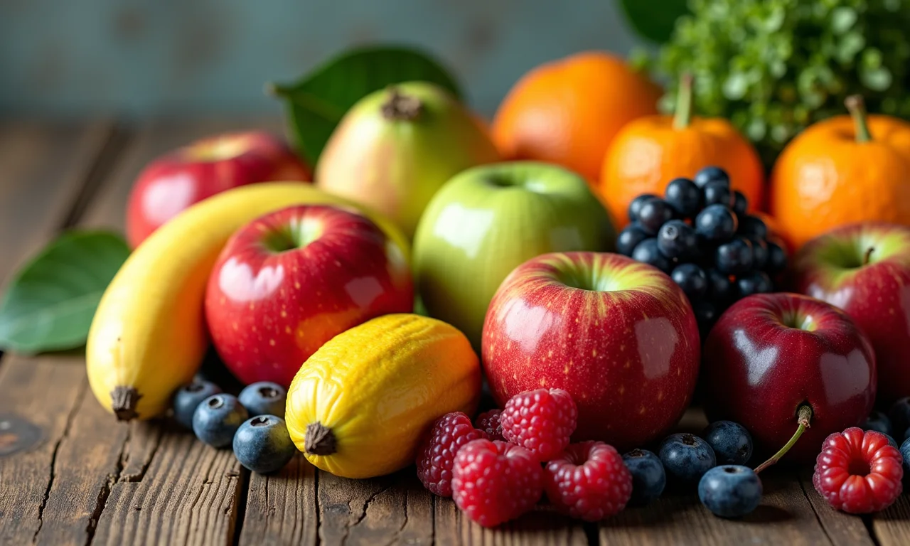 Variedade de frutas frescas em uma mesa de madeira.