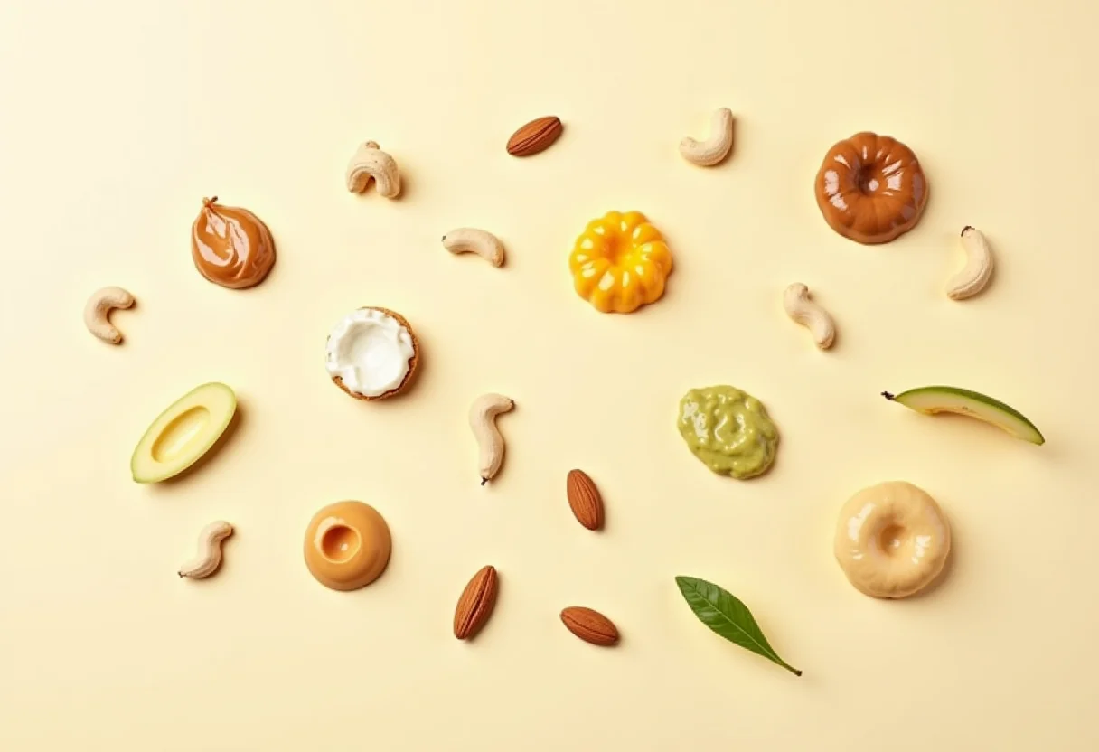 Manteigas vegetais: o guia completo para substituir a tradicional Variedade de manteigas vegetais dispostas artisticamente.