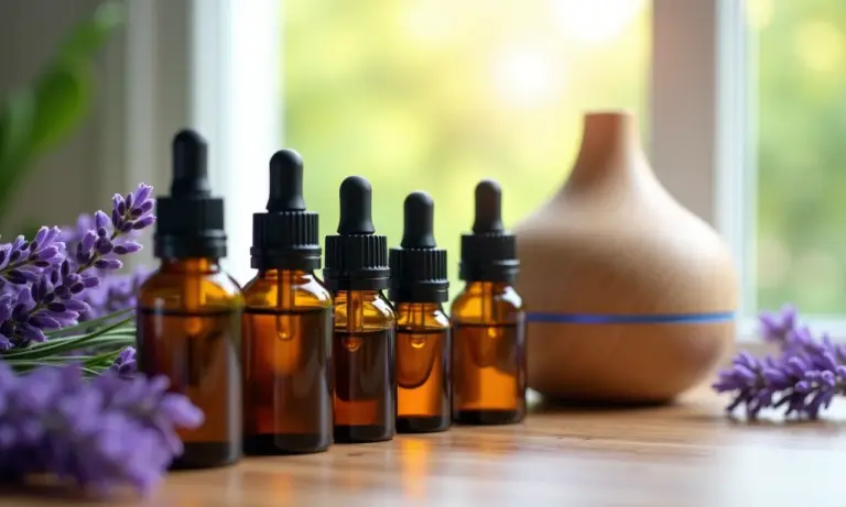 Variedade de óleos essenciais em frascos de vidro com flores de lavanda e difusor.