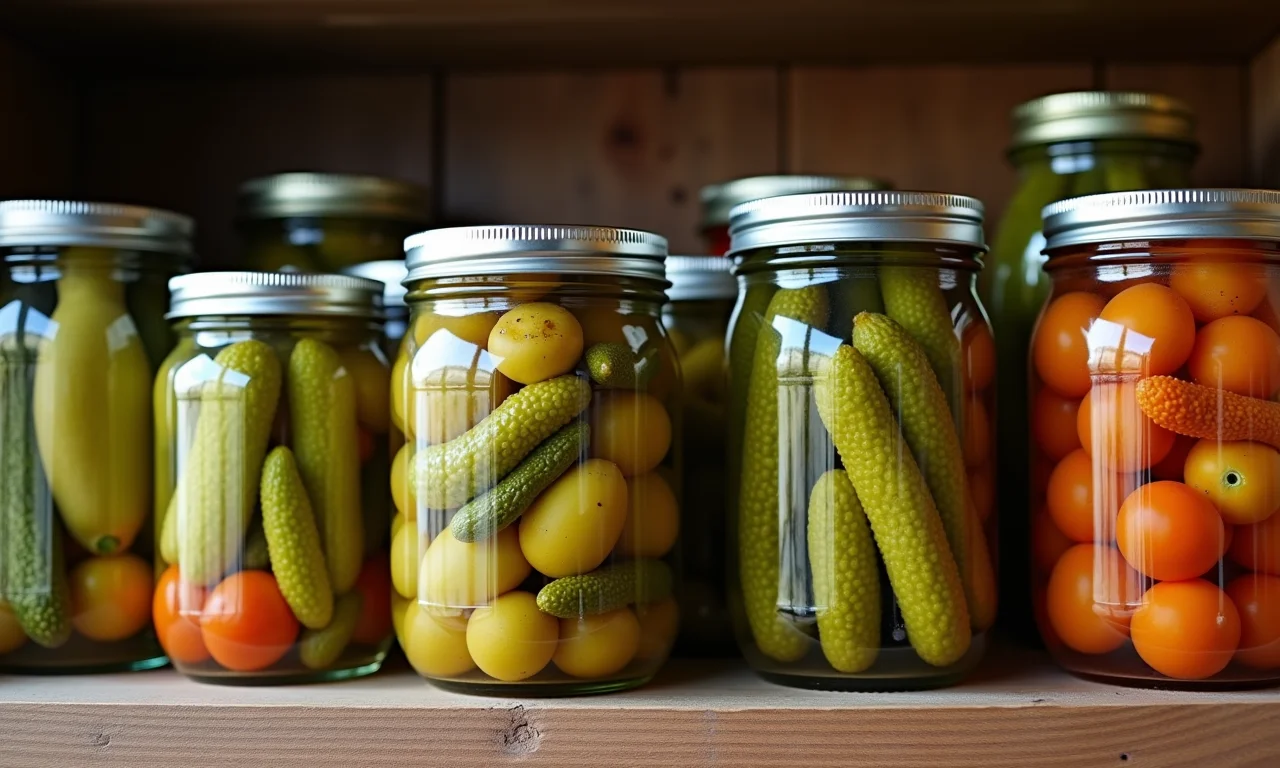 Variedade de picles fermentados em potes de vidro em prateleira de madeira.