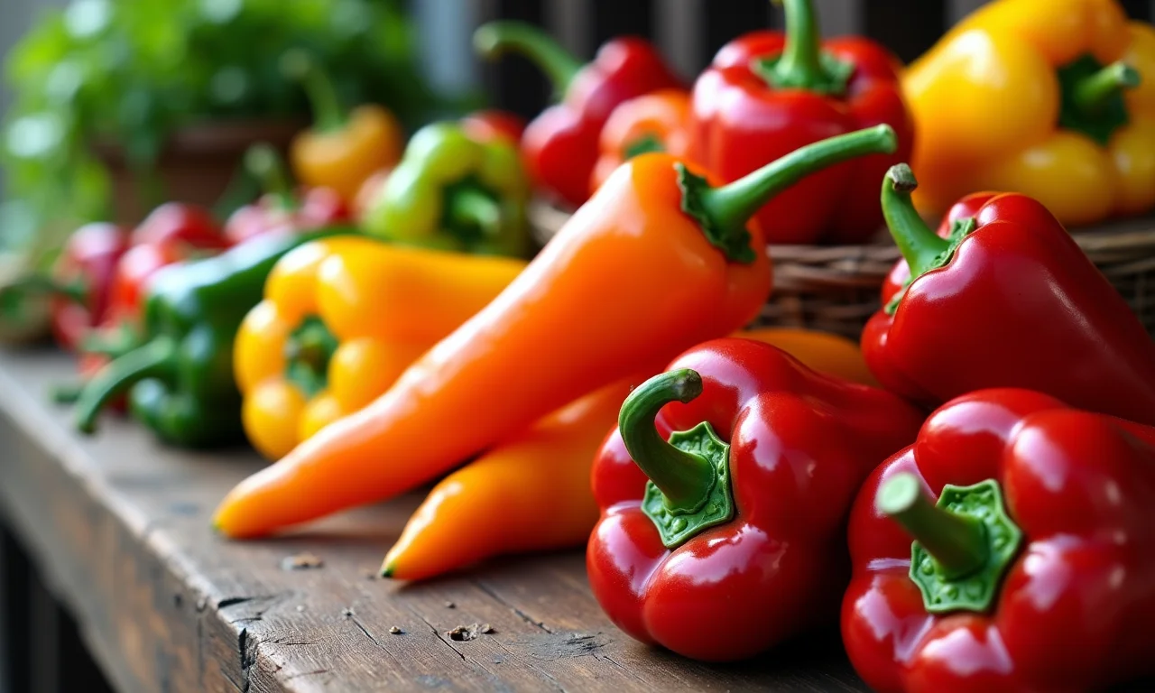 Variedade de pimentas coloridas numa mesa de madeira rústica.