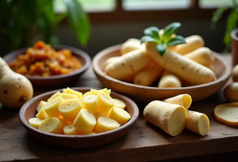 Variedade de pratos brasileiros feitos com aipim e mandioca, em uma composição rústica e elegante.