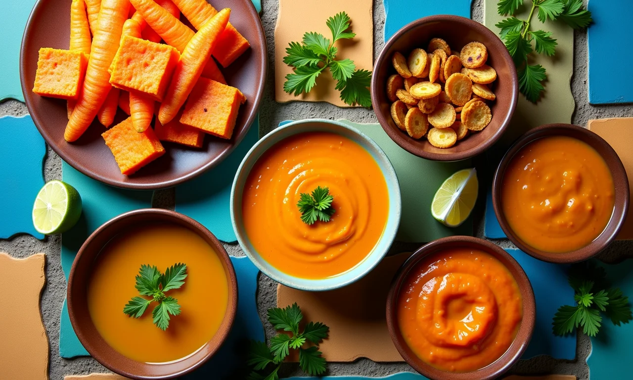 Variedade de pratos de cenoura em azulejos coloridos.