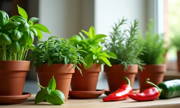 Variedade de temperos frescos em vasos de barro numa cozinha iluminada.