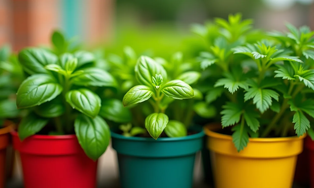 Variedade de temperos plantados em vasos coloridos.