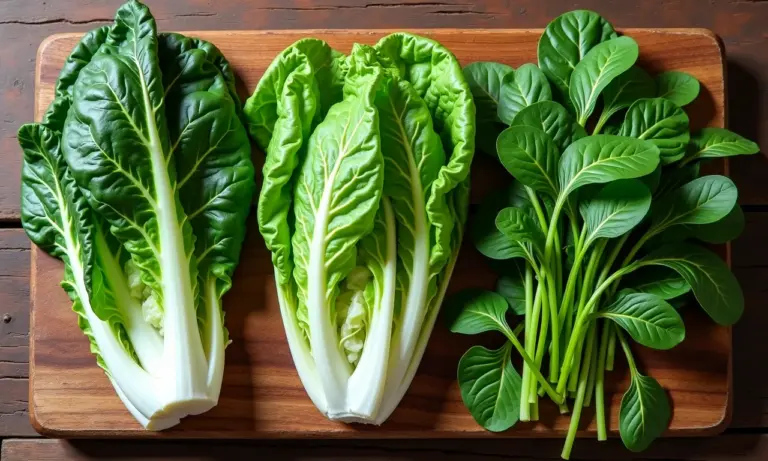 Variedade de verduras italianas frescas dispostas em mesa rústica de madeira.