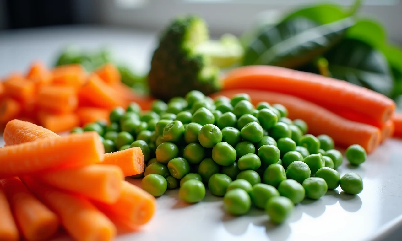 Variedade de verduras preparadas individualmente para congelamento.