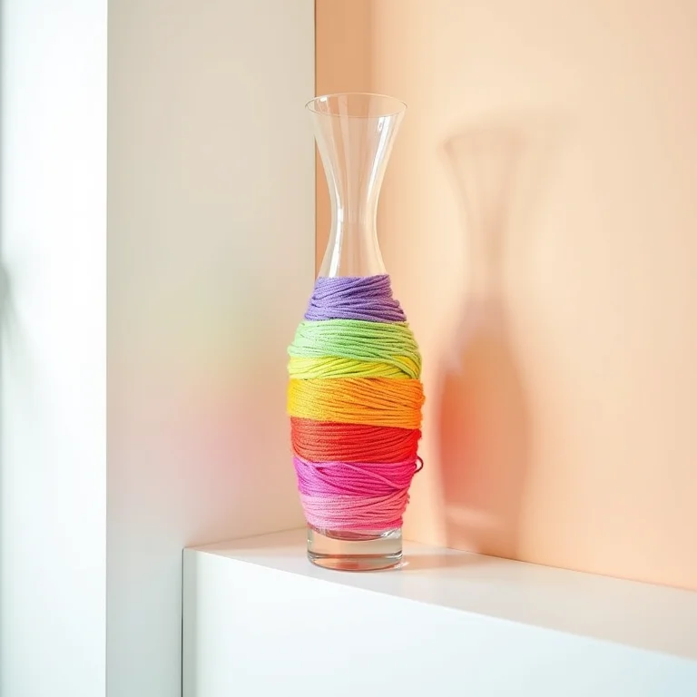 Vaso com barbante colorido, decoração alegre para casa