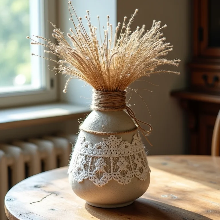Vaso com barbante e renda, toque vintage e romântico na decoração