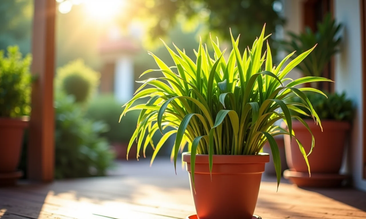 Vaso de capim-limão em varanda ensolarada, repelente natural.
