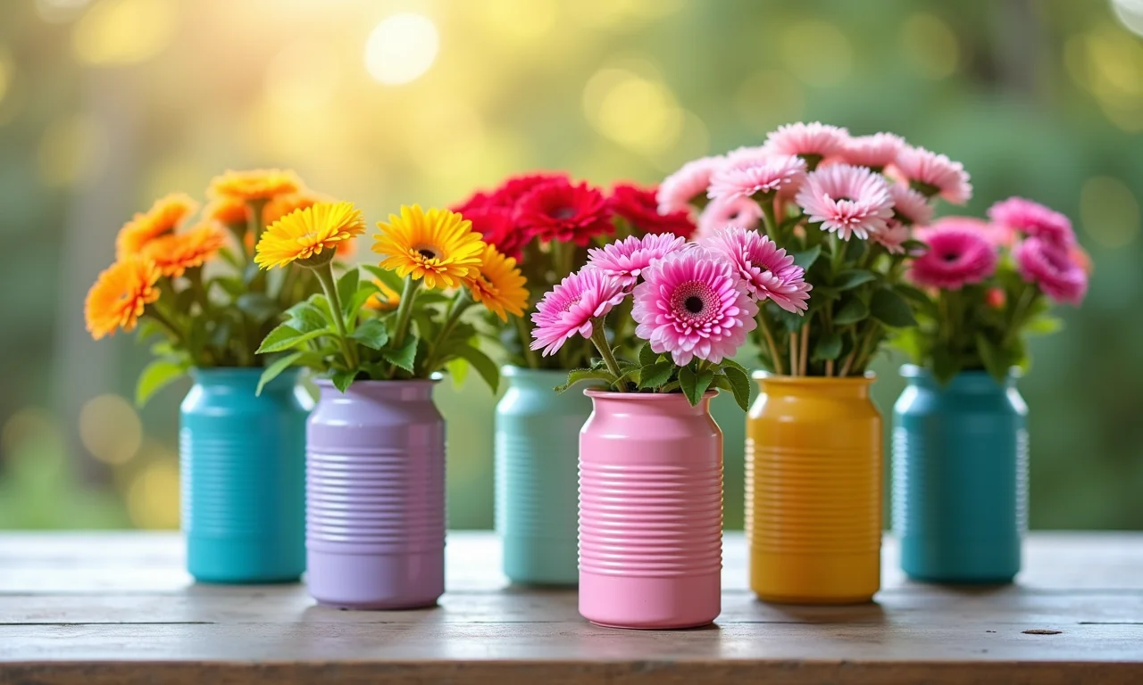 Vasos de flores charmosos feitos com latas de alumínio pintadas.