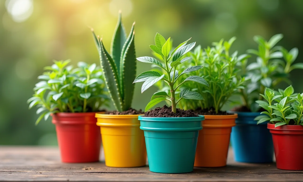 Vasos de lata de tinta com diversas plantas, mostrando o reaproveitamento.