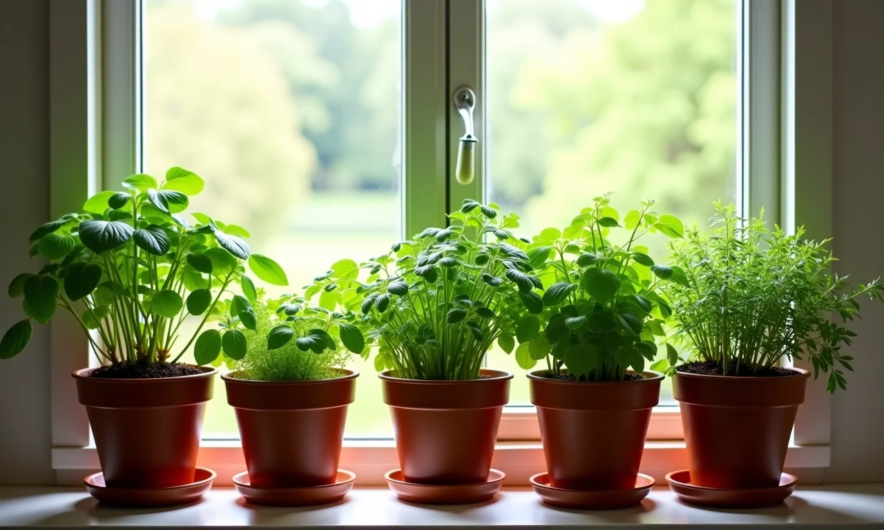 Vasos de temperos em parapeito de janela ensolarado.