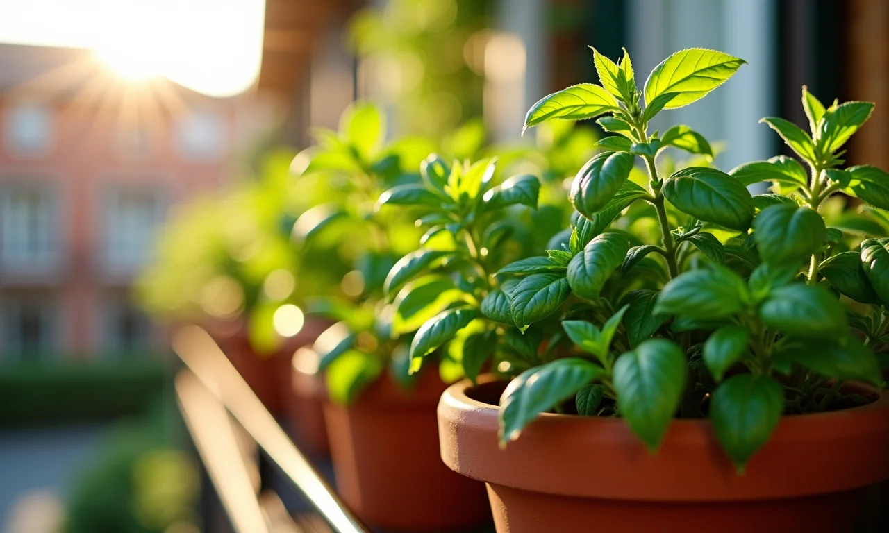 Temperos em vaso: Ervas frescas Vasos de temperos frescos em varanda ensolarada.