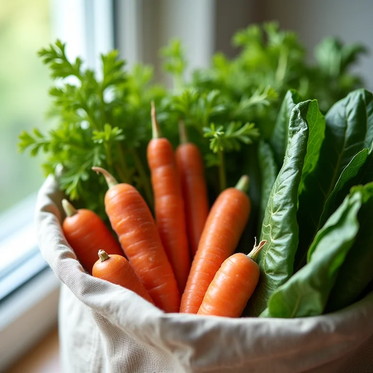 Vegetais frescos em saquinho de tecido.