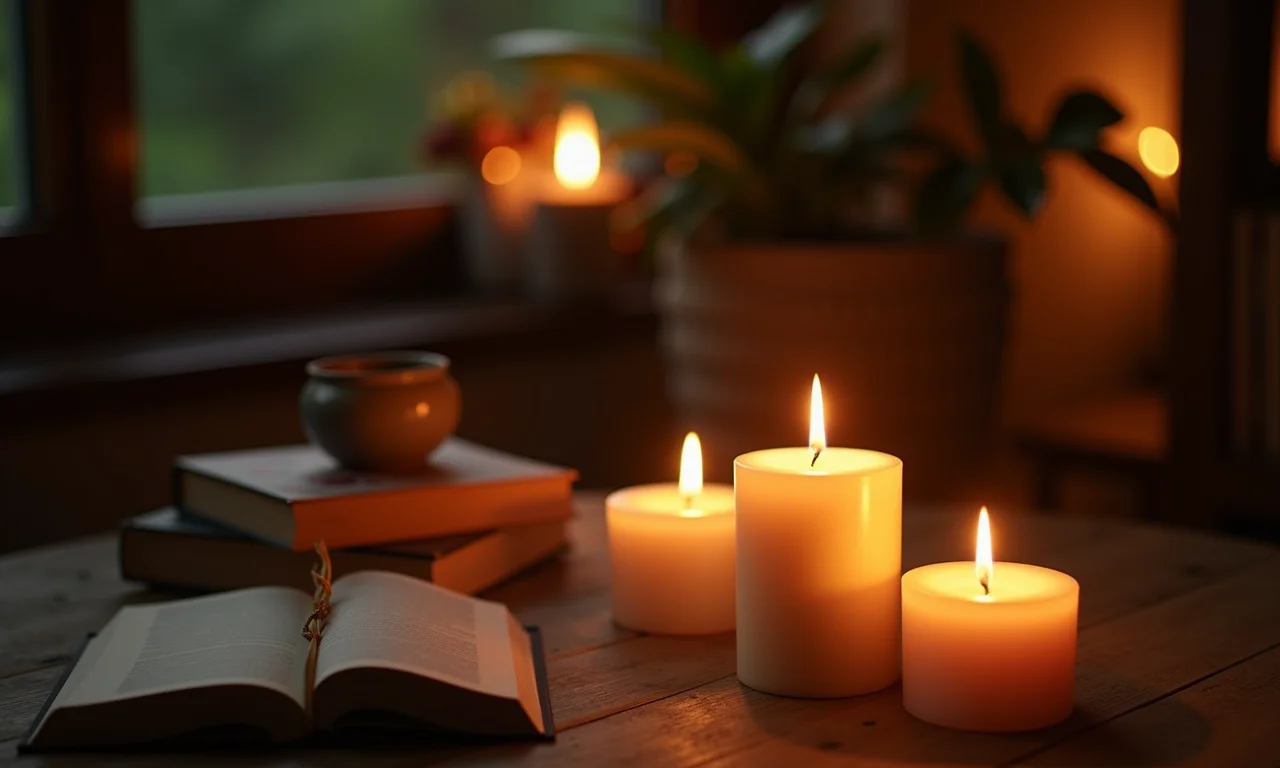 Velas aromáticas acesas em ambiente brasileiro aconchegante.