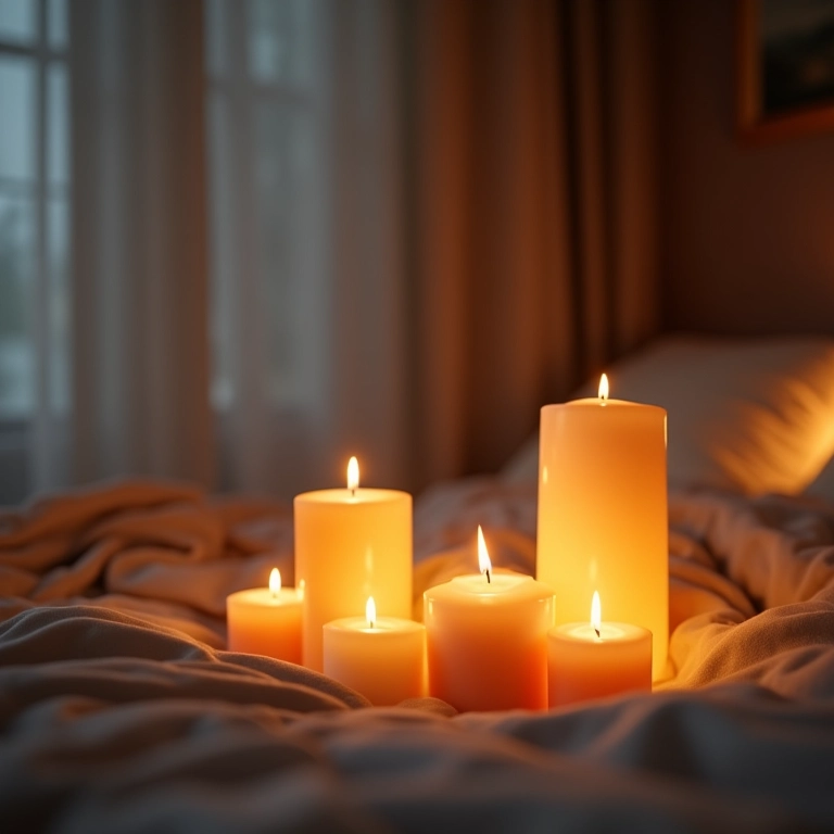 Velas, difusor de óleos essenciais e iluminação suave em um quarto.