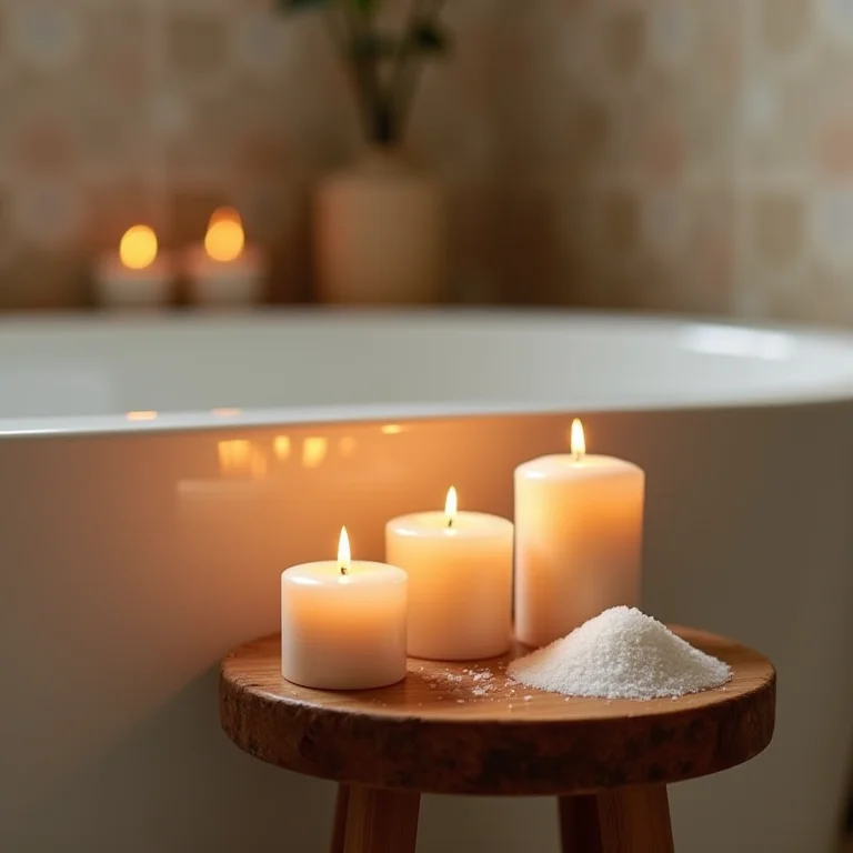 Velas e sais de banho criando ambiente relaxante
