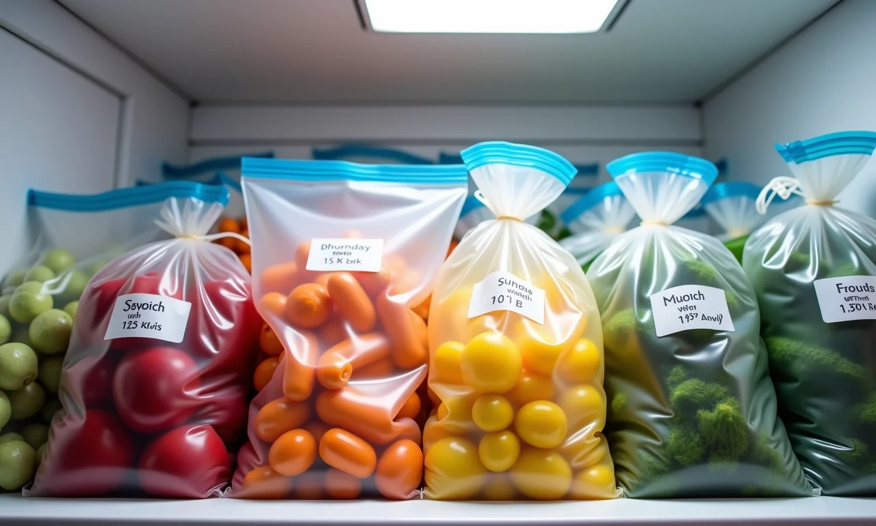 Verduras organizadas em sacos com etiquetas de data dentro do freezer.