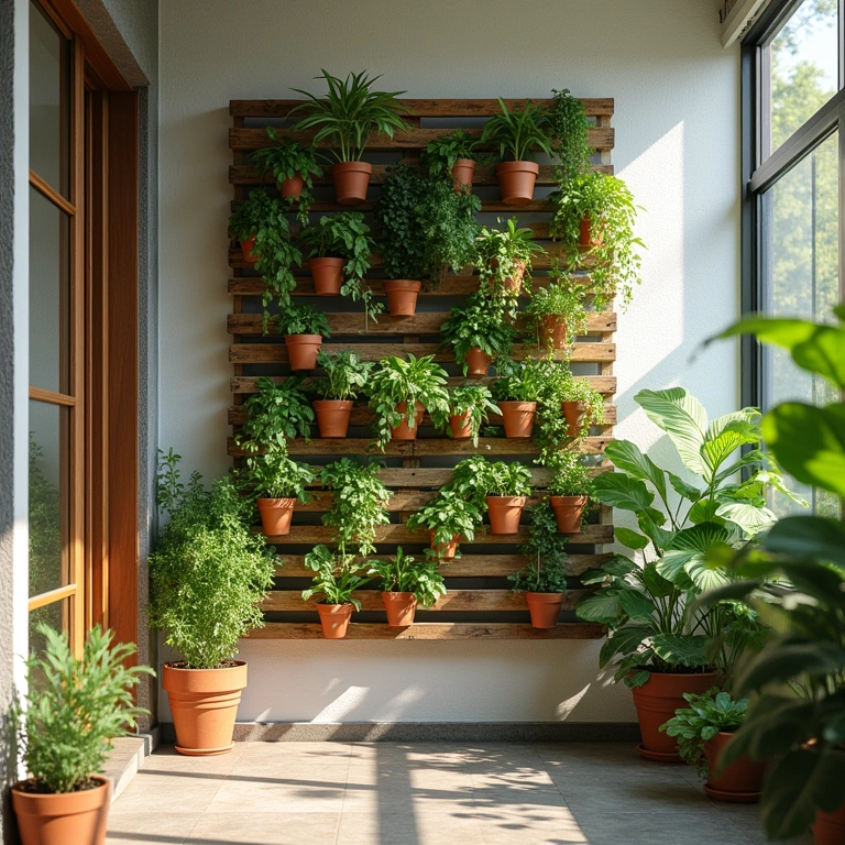 Vertical garden on wall, pallet planters, Brazilian home, natural light, lush greenery, lifestyle Jardim vertical com pallets em muro de casa brasileira.