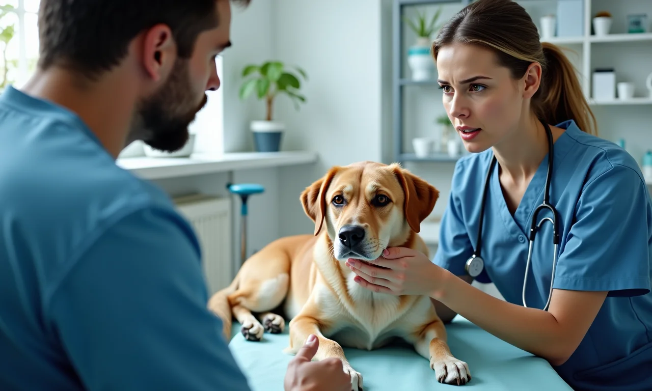 Veterinário examinando cachorro idoso.