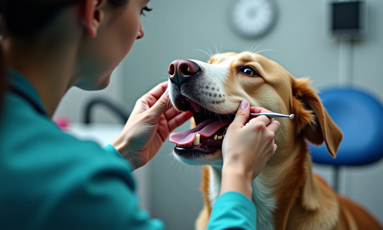 Veterinário examinando os dentes de um cachorro idoso.