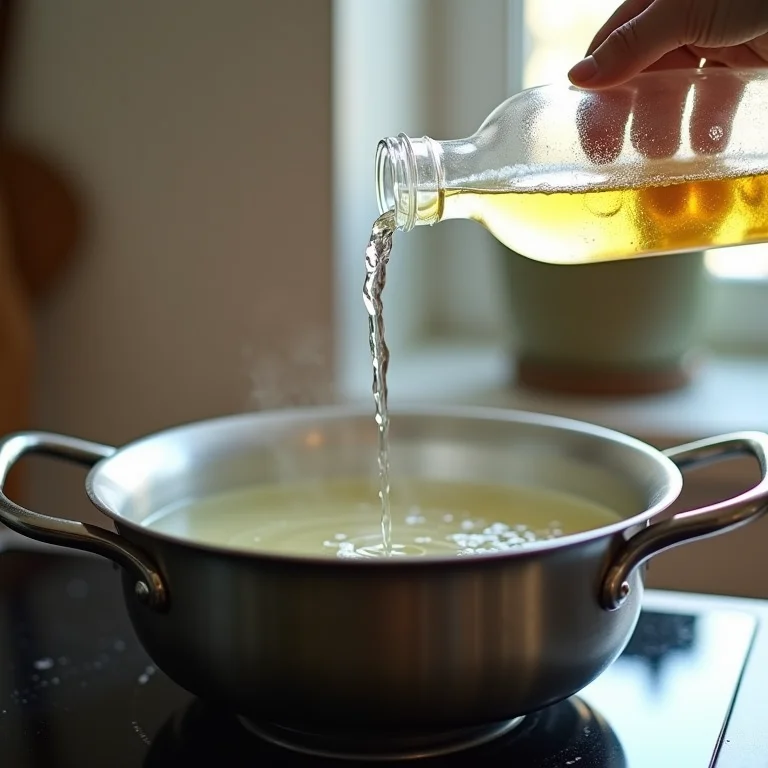 Vinagre sendo adicionado à água fervente para o ovo poché
