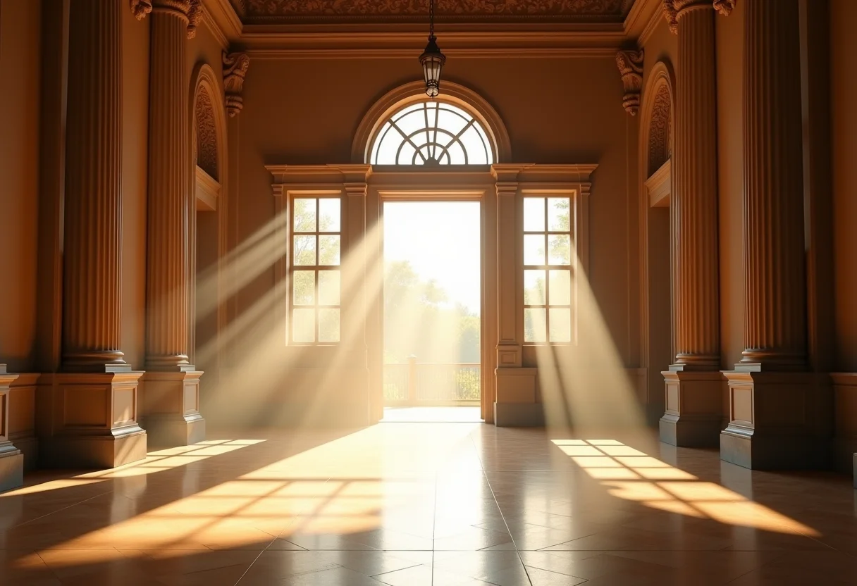 Explorando museus virtuais: O guia definitivo para sua imersão Visão ampla de um salão de museu vazio, banhado pela luz solar.