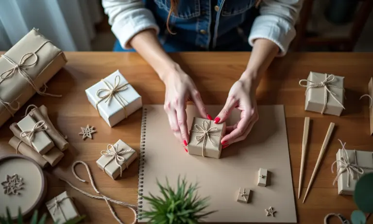 Visão superior de uma mulher criando presentes DIY em uma mesa de madeira com materiais de artesanato.