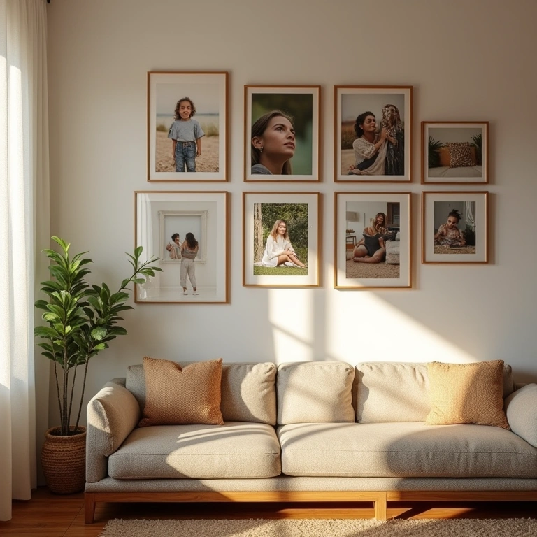 Wall photo collage, Brazilian home, natural light, personal memories, warm atmosphere, lifestyle Mural de fotos e lembranças em muro de casa brasileira.