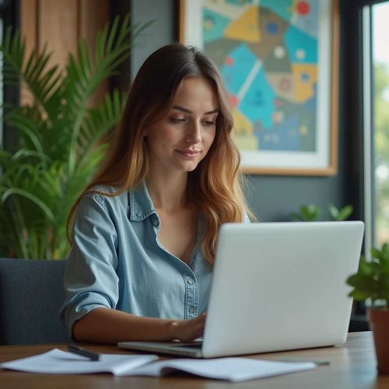 Mulher analisando dados de marketing em escritório moderno.