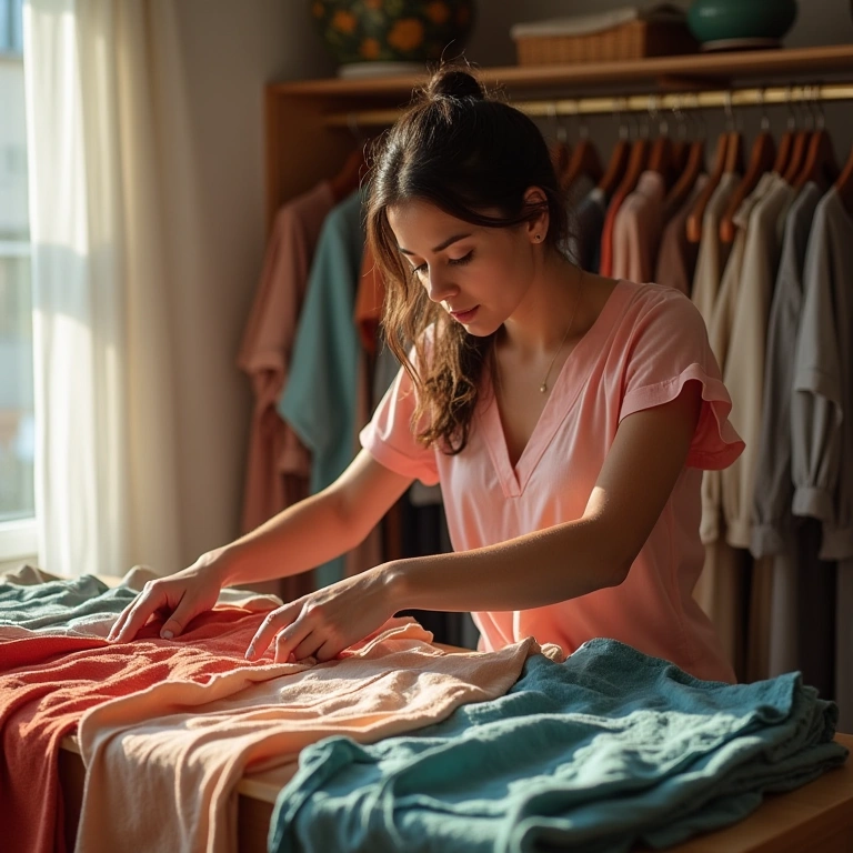 Woman folding vibrant clothes, natural light, organized closet, Brazilian design elements, Mulher dobrando roupas coloridas em armário organizado.