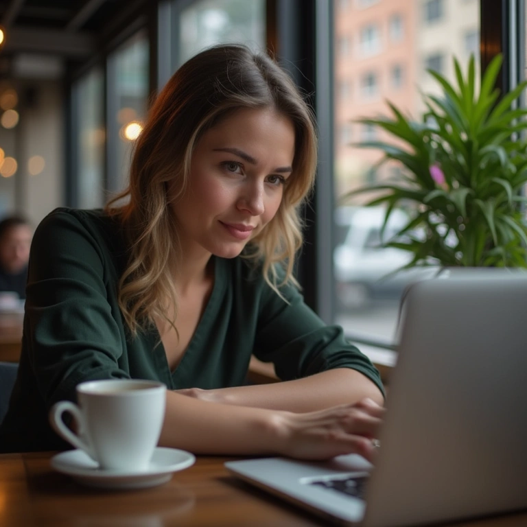 Mulher pesquisando reputação de agência de marketing online.