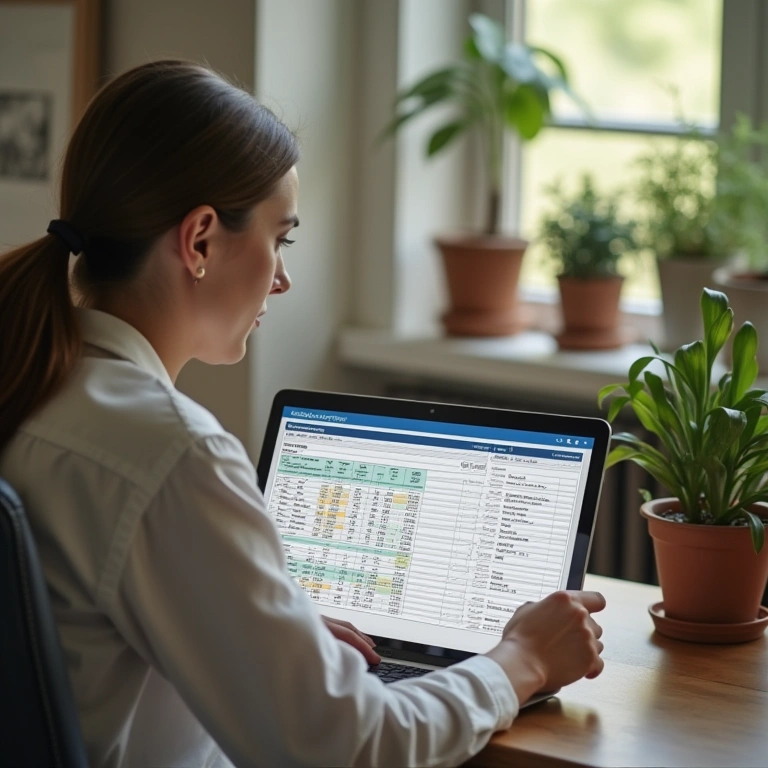 Mulher analisando planilha de orçamento de marketing.